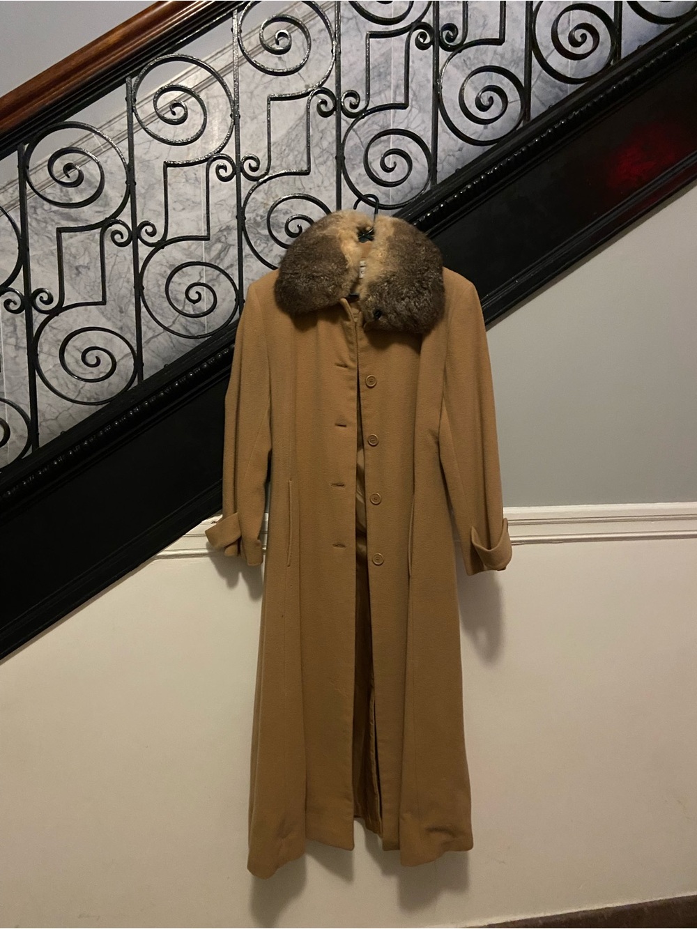Vintage full length Camel Coat with Fur Collar